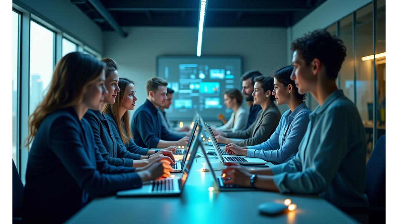 Diverse group of professionals collaborating seamlessly across different locations, some in modern offices, others in home offices, illustrating a successful remote and hybrid work environment.